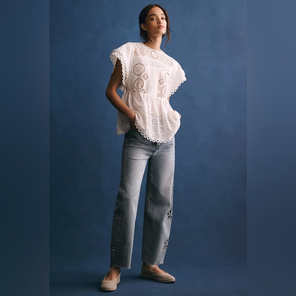 Anthropologie Forever That Girl Flutter-Sleeve Eyelet Embroidery Tunic Top NWT - Picture 2 of 12
